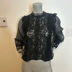 Elegant Black Lace Blouse with Ruffled and mesh Sleeves❤️S
